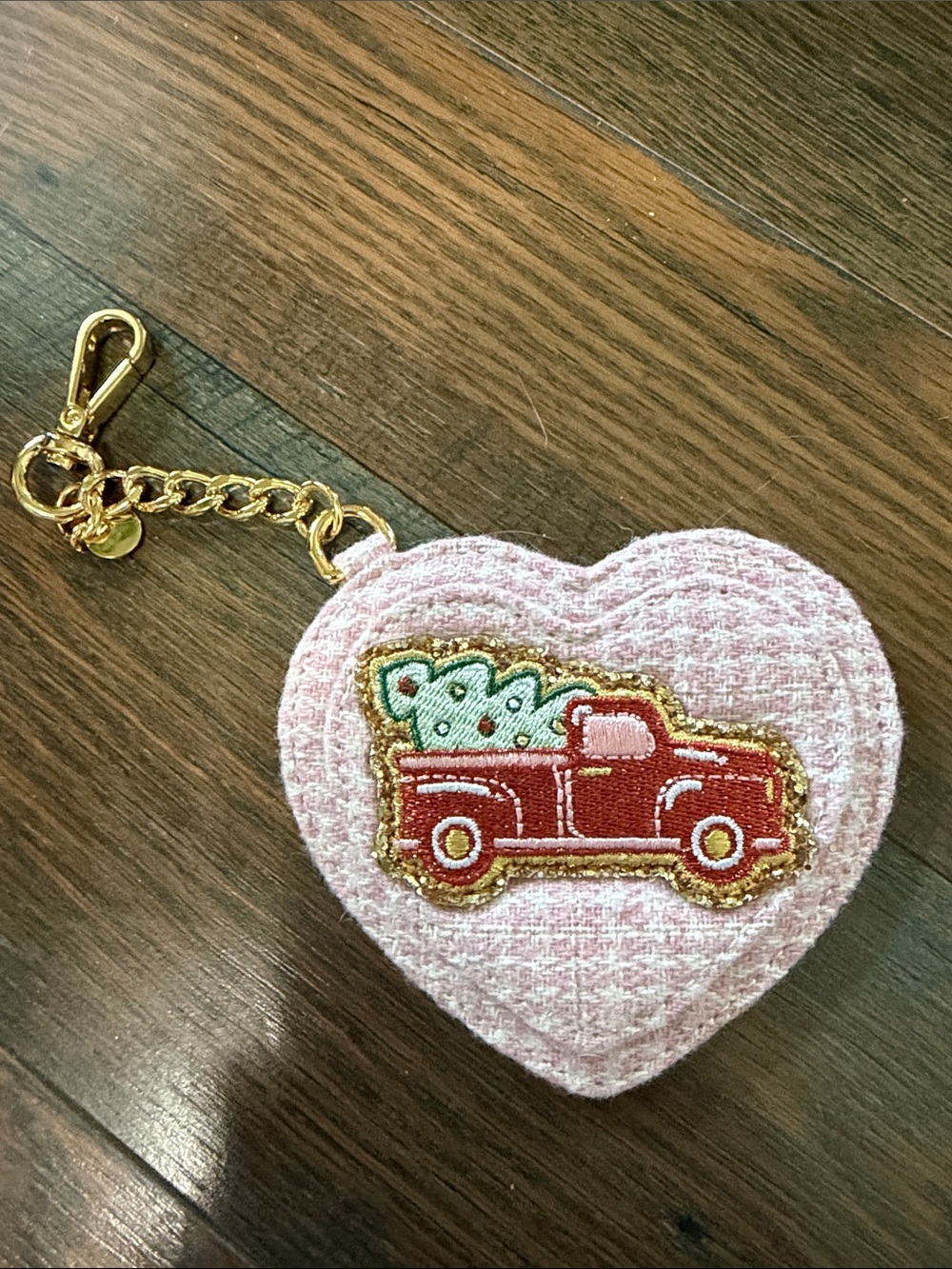 Stoney Clover Lane Heart-Shaped Pink Tweed Keychain with Red Truck Patch
